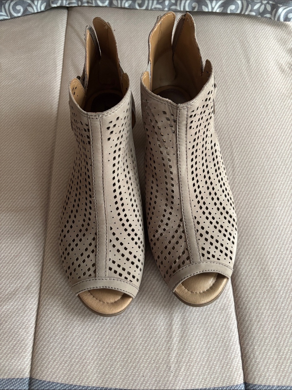 Earth Taupe Perforated Peep-Toe Cutout Mules